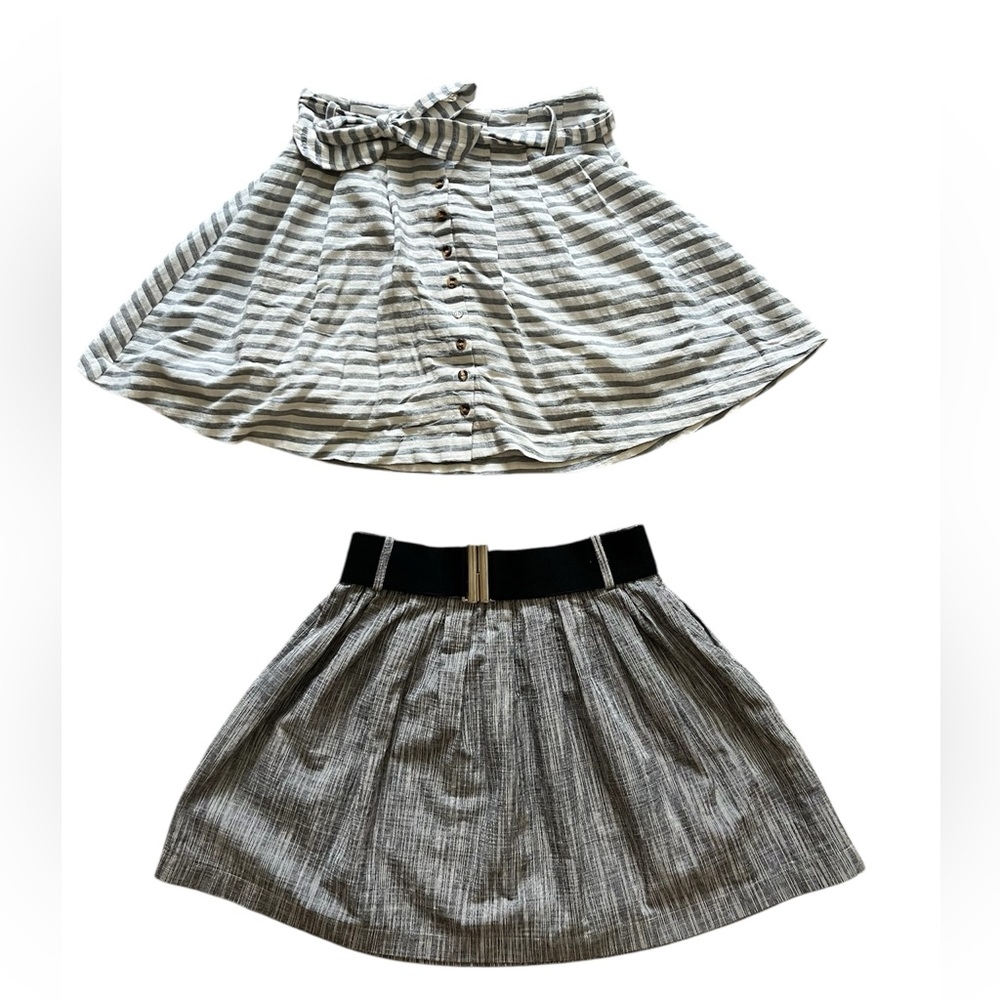 Blue Rain Striped Button and Mustard Seed Grey and Black belt Skirt Set size M